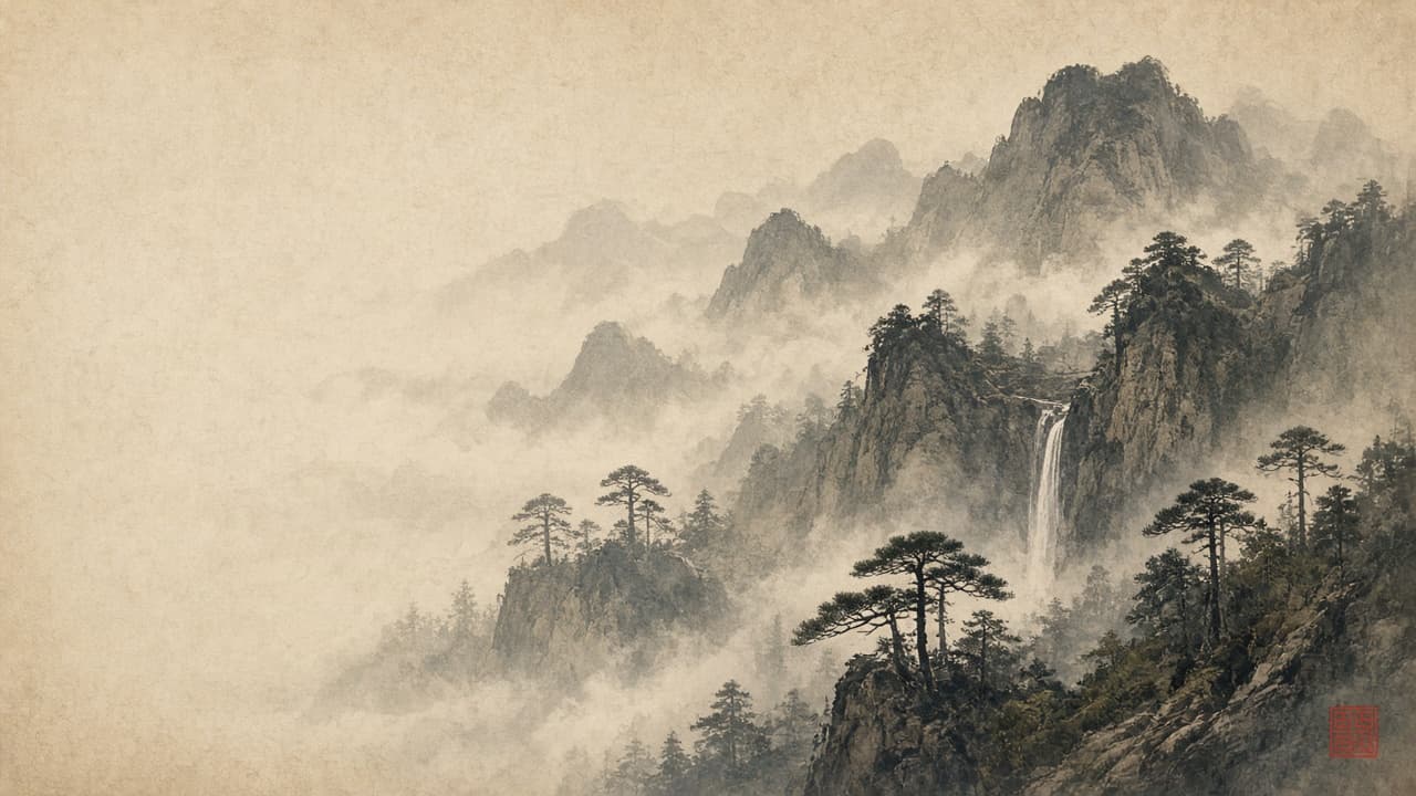 Misty ink-wash mountains